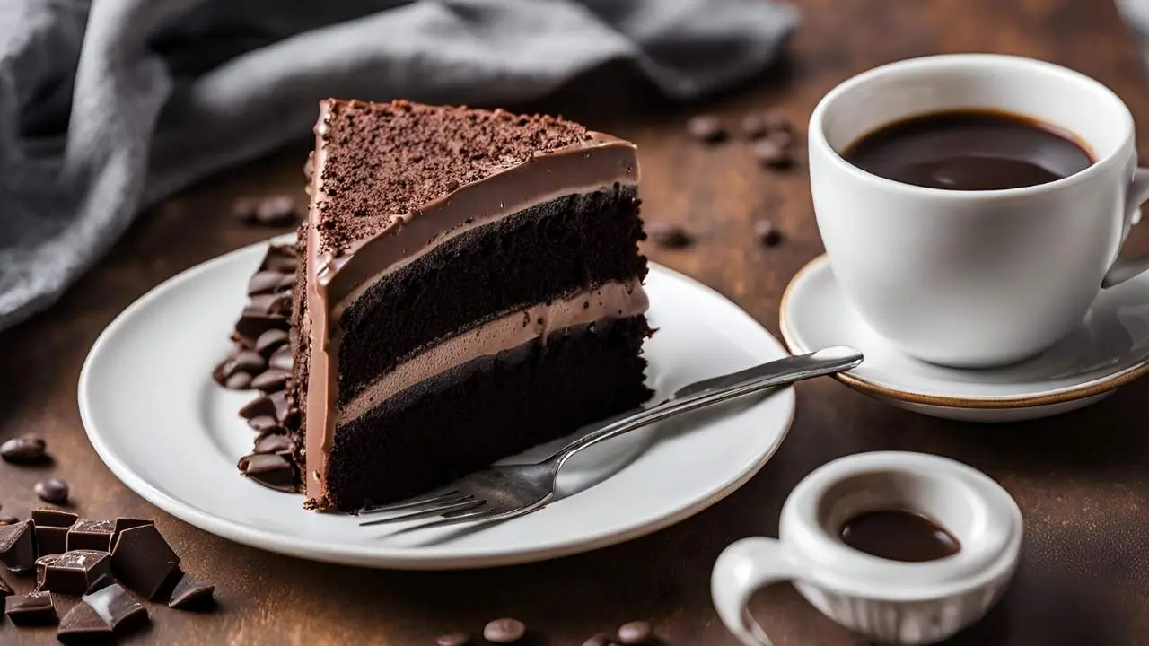 Slice of Portillo’s Chocolate Cake with glossy frosting and moist texture, served with coffee.