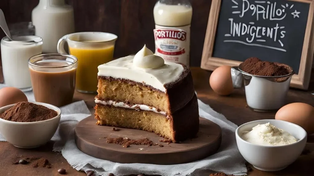 A rustic kitchen counter displays essential ingredients for Portillo’s Cake Recipe: mayonnaise, buttermilk, coffee, cocoa powder, and eggs, arranged neatly with warm lighting and a handwritten chalkboard text overlay.