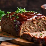 A freshly baked meatloaf with Lipton Onion Soup Mix, sliced to reveal its juicy texture, topped with a rich glaze and served with sides.