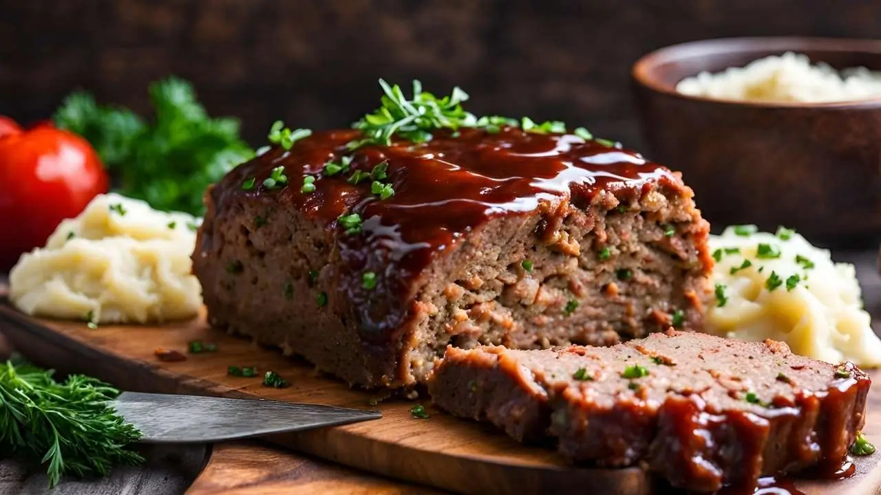 A freshly baked meatloaf with Lipton Onion Soup Mix, sliced to reveal its juicy texture, topped with a rich glaze and served with sides.