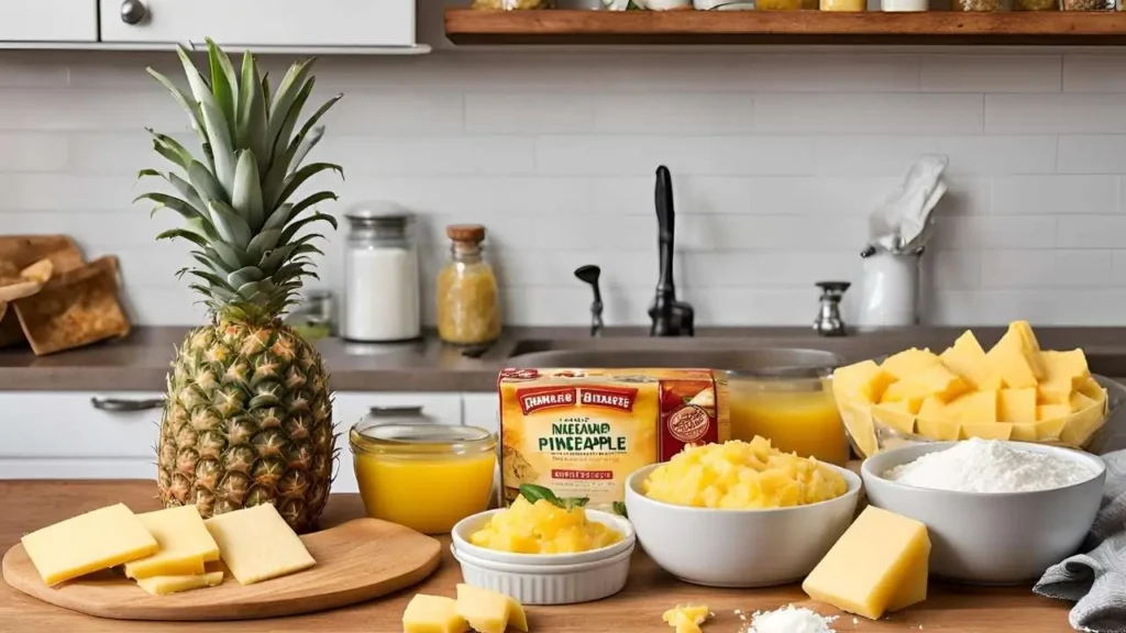 Ingredients for pineapple casserole including fresh pineapple, cheddar cheese, sugar, butter, crackers, and flour, arranged on a rustic kitchen counter.