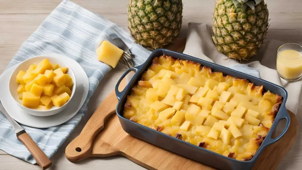 Golden pineapple casserole with fresh pineapple slices, cheddar cheese, and crushed crackers, alongside a handwritten checklist titled 'Tips for the Best Pineapple Casserole.