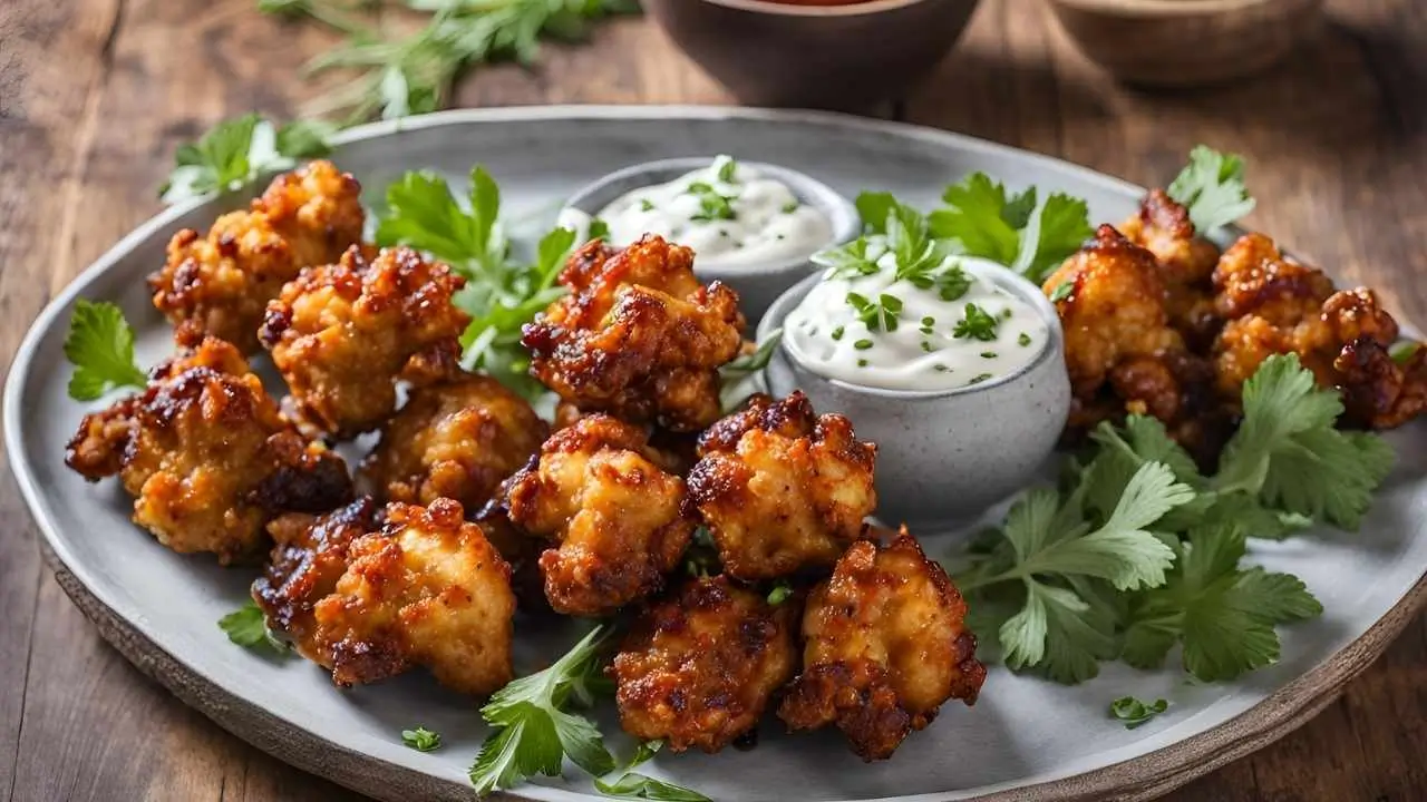 A plate of crispy, golden BBQ cauliflower wings drizzled with smoky sauce, garnished with fresh cilantro, and served with a side of creamy dipping sauce on a rustic wooden table.