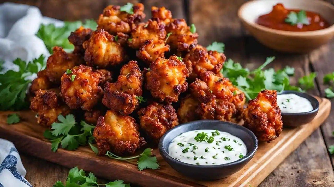 A plate of crispy BBQ cauliflower wings with a side of dipping sauce, garnished with fresh parsley, on a rustic wooden table.