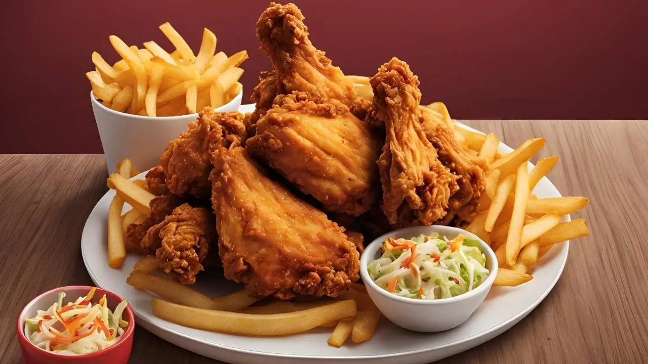 A basket of golden fried chicken, crispy fries, and coleslaw from Crown Fried Chicken, showcasing their classic menu items.