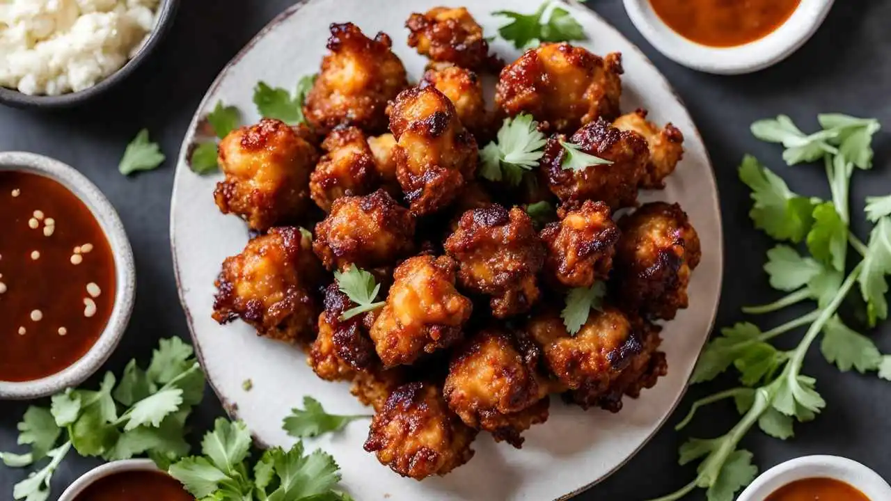 Golden-brown BBQ cauliflower wings coated in a smoky, tangy sauce, garnished with parsley, and served with a creamy dip.