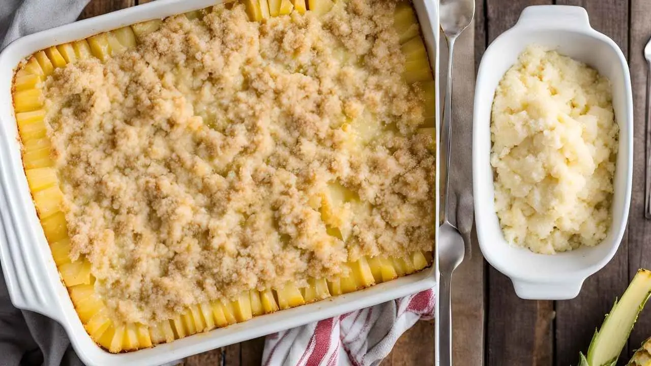 Easy steps for making pineapple casserole, featuring ingredients and a baking process.