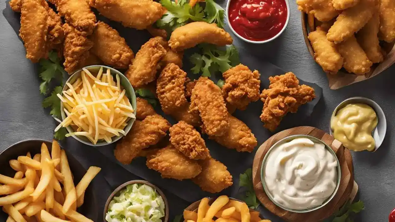 An array of Crown Fried Chicken menu items including crispy chicken wings, tenders, mashed potatoes, fries, and coleslaw.