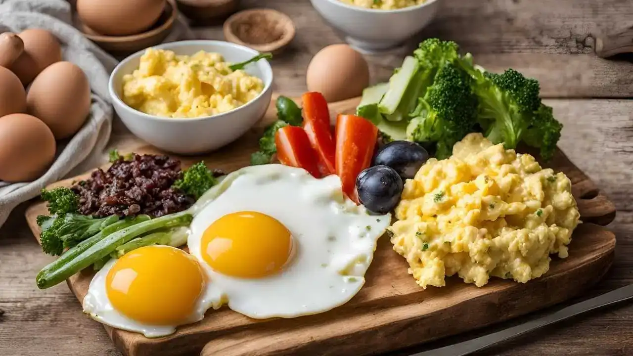 A cracked egg with a golden yolk, surrounded by icons symbolizing muscle growth, weight loss, glowing skin, and energy. The background is clean and modern, with bold text highlighting the benefits of egg protein.