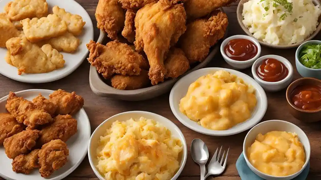 A plate of golden fried chicken with crispy skin, served alongside creamy mashed potatoes, coleslaw, and a buttery biscuit, showcasing Crown Fried Chicken's comforting menu.