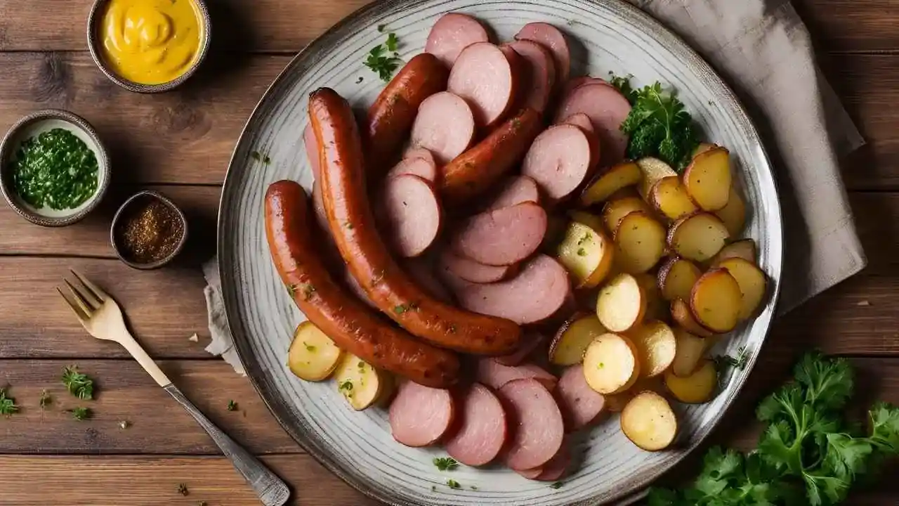 A delicious plate of kielbasa and crispy golden potatoes garnished with parsley, served with mustard and sauerkraut on a rustic wooden table.