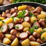 A sizzling skillet of kielbasa and potatoes with golden-brown sausage slices, tender diced potatoes, and caramelized onions, garnished with fresh parsley. Perfect for a quick, hearty dinner.