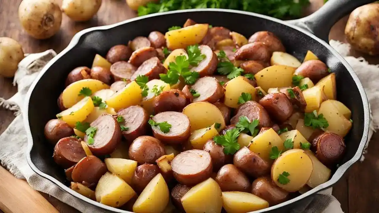 A sizzling skillet of kielbasa and potatoes with golden-brown sausage slices, tender diced potatoes, and caramelized onions, garnished with fresh parsley. Perfect for a quick, hearty dinner.