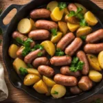 A skillet of easy kielbasa and potatoes, featuring golden-brown sausage slices and tender potatoes, garnished with fresh parsley, served on a rustic wooden table.