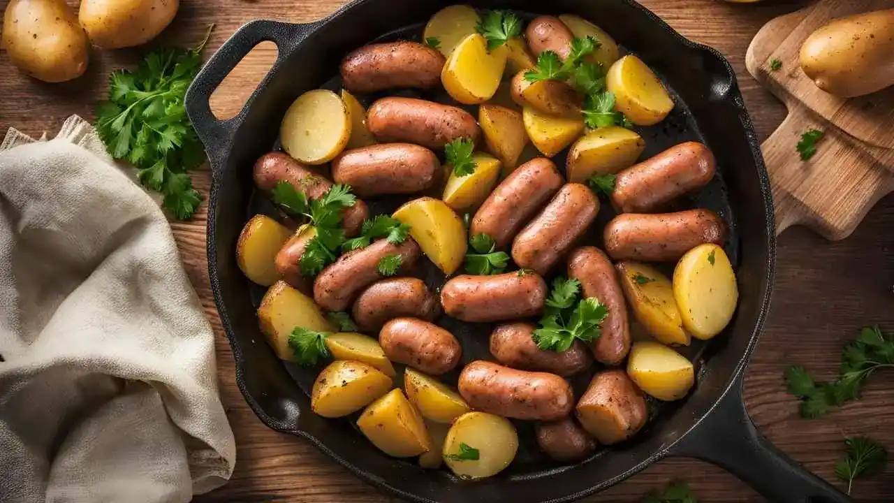 A skillet of easy kielbasa and potatoes, featuring golden-brown sausage slices and tender potatoes, garnished with fresh parsley, served on a rustic wooden table.