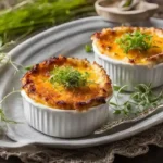 A luxurious Crab Brulee with a golden caramelized top, garnished with fresh herbs, served in a white ramekin on a rustic table