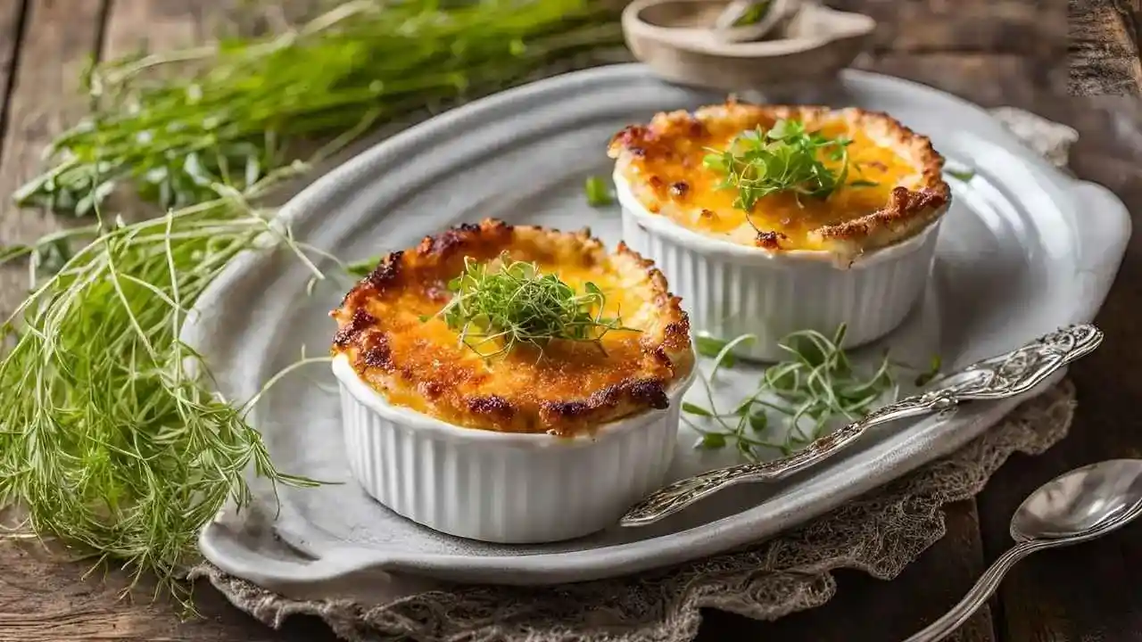 A luxurious Crab Brulee with a golden caramelized top, garnished with fresh herbs, served in a white ramekin on a rustic table