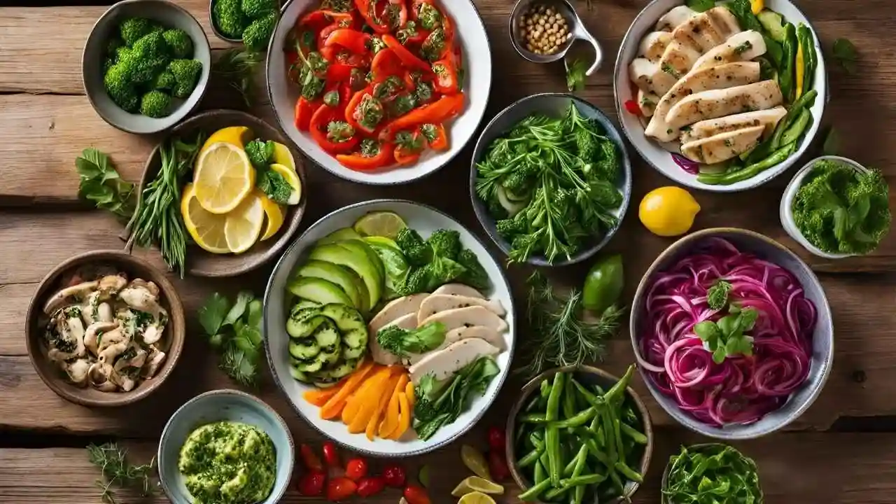 A variety of thin-sliced chicken dishes, including grilled, pan-seared, stir-fried, baked, air-fried, poached, and marinated chicken, arranged on a rustic wooden table with fresh herbs, lemon slices, and colorful vegetables like bell peppers and broccoli.