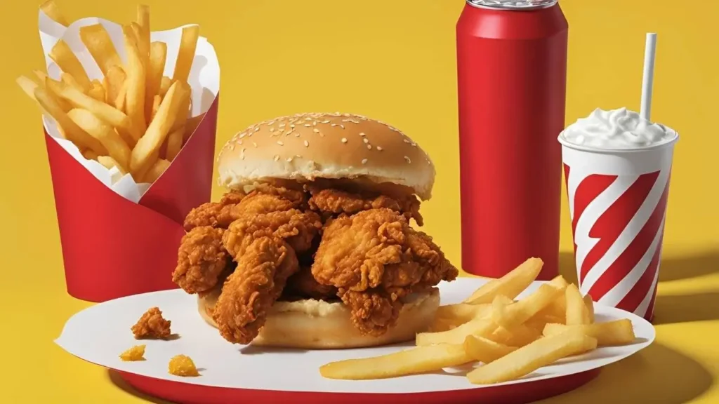 A combo meal from Crown Fried Chicken featuring a crispy chicken sandwich, golden fries, a buttery biscuit, and a soft drink.