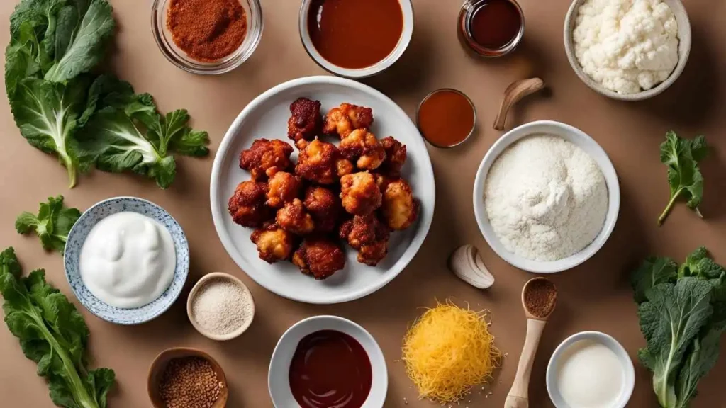 Ingredients for BBQ cauliflower wings, including fresh cauliflower, BBQ sauce, flour, plant-based milk, and spices, arranged on a wooden surface.