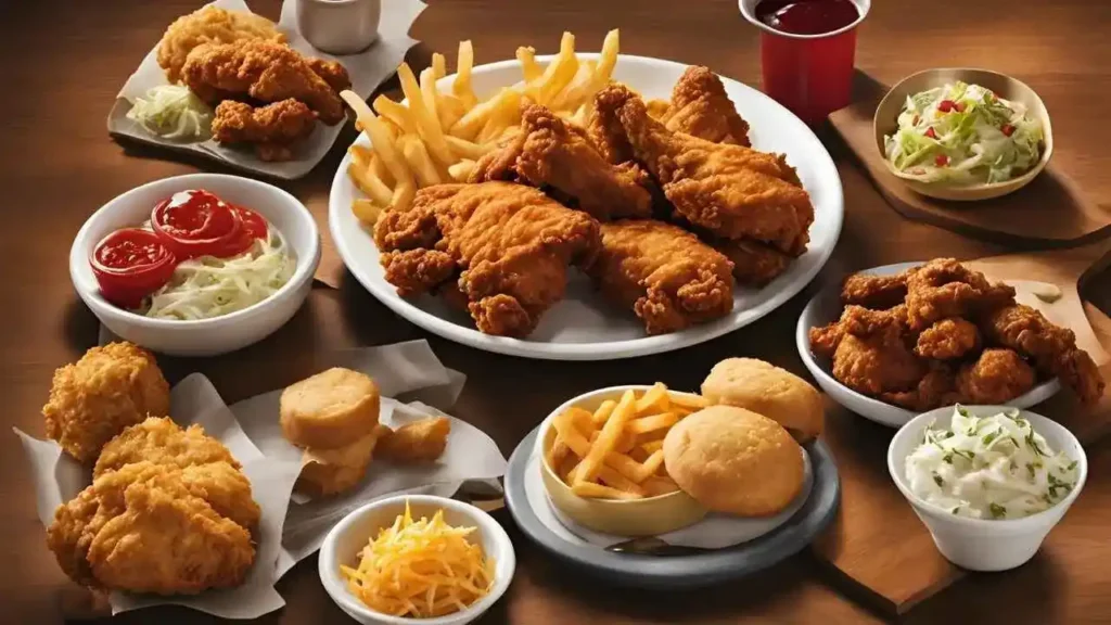 A delicious assortment of Crown Fried Chicken menu items, including crispy fried chicken, golden fries, fluffy biscuits, and creamy coleslaw, showcasing the variety and flavor of their offerings.