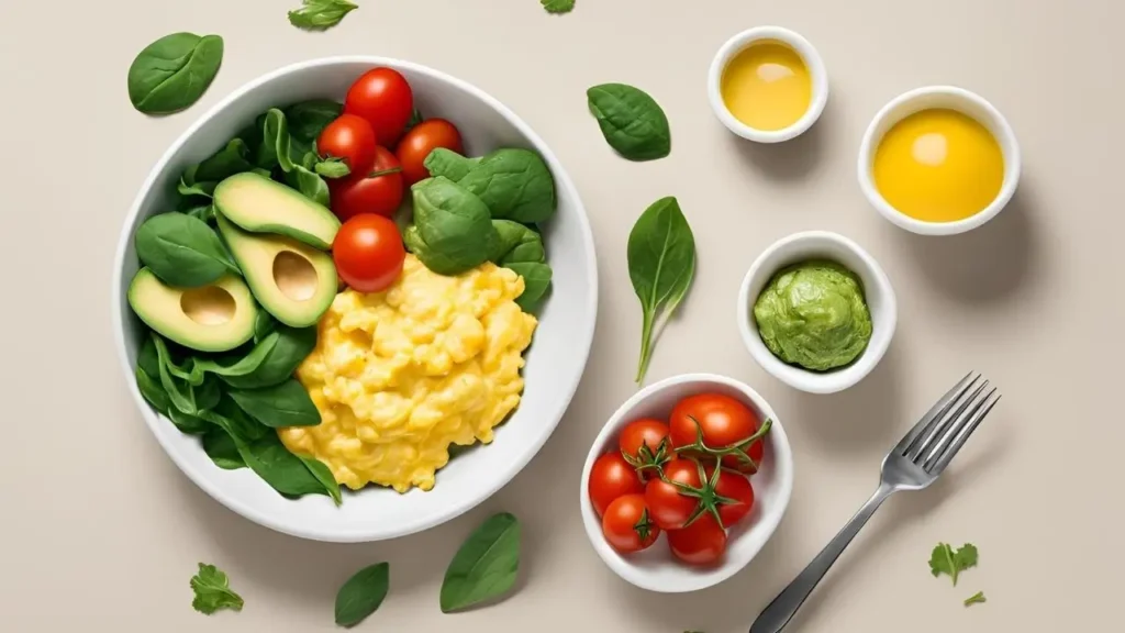 A bowl of scrambled eggs with spinach, tomatoes, and avocado, surrounded by icons for protein, vitamins, and minerals, highlighting the nutritional benefits of egg protein.