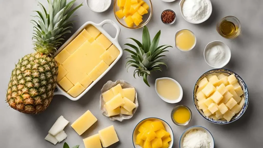 Flat-lay of ingredients for pineapple casserole, including fresh pineapple chunks, shredded cheddar cheese, buttery crackers, sugar, flour, and butter, arranged neatly on a light background.