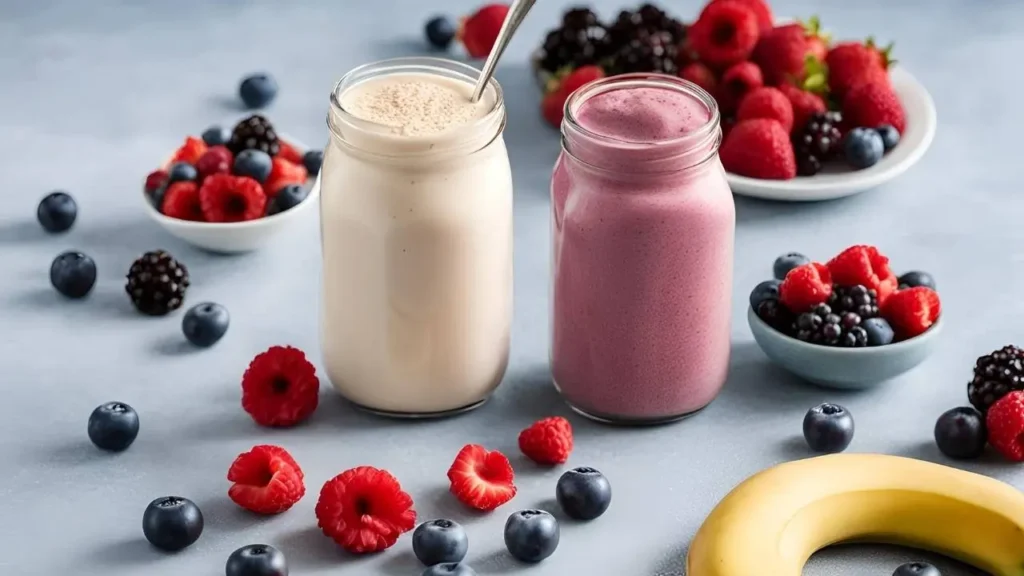 A healthy breakfast shake made with Carnation Instant Breakfast, fresh fruits, and milk.