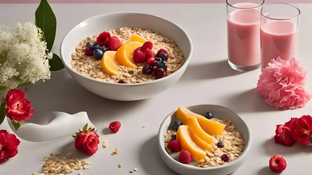 A glass of Carnation Breakfast Essentials surrounded by fresh berries, banana slices, and a jar of oats on a light, modern kitchen counter.