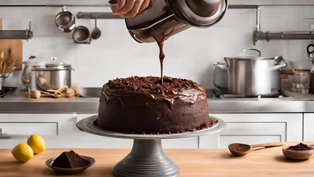 Step-by-step process of baking Portillo’s Chocolate Cake: ingredients, batter mixing, pouring into the pan, and baking in the oven.