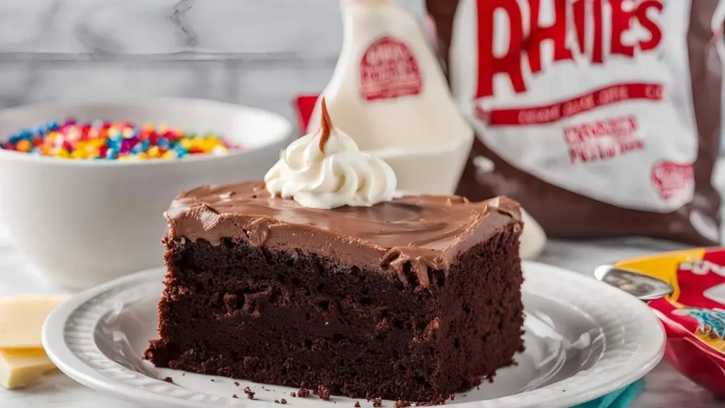 Bowl of key ingredients like mayonnaise and Duncan Hines cake mix, with a fresh Portillo’s Chocolate Cake in the background.