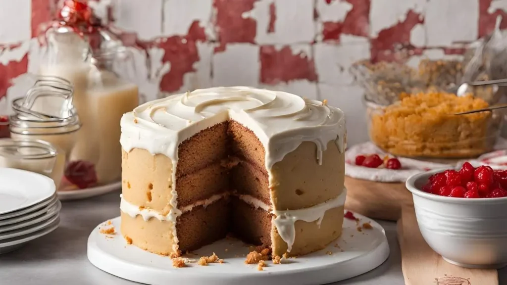 A step-by-step visual guide for making Cake, showing mixing batter, baking, cooling, and frosting, with numbered steps and a cozy kitchen backdrop.