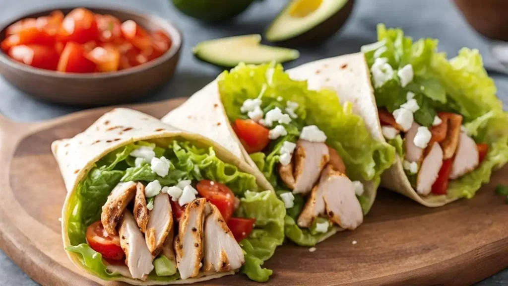 A close-up of a chicken wrap and taco filled with lean chicken, fresh veggies, and toppings like avocado and salsa, highlighting healthy and flavorful ingredients.