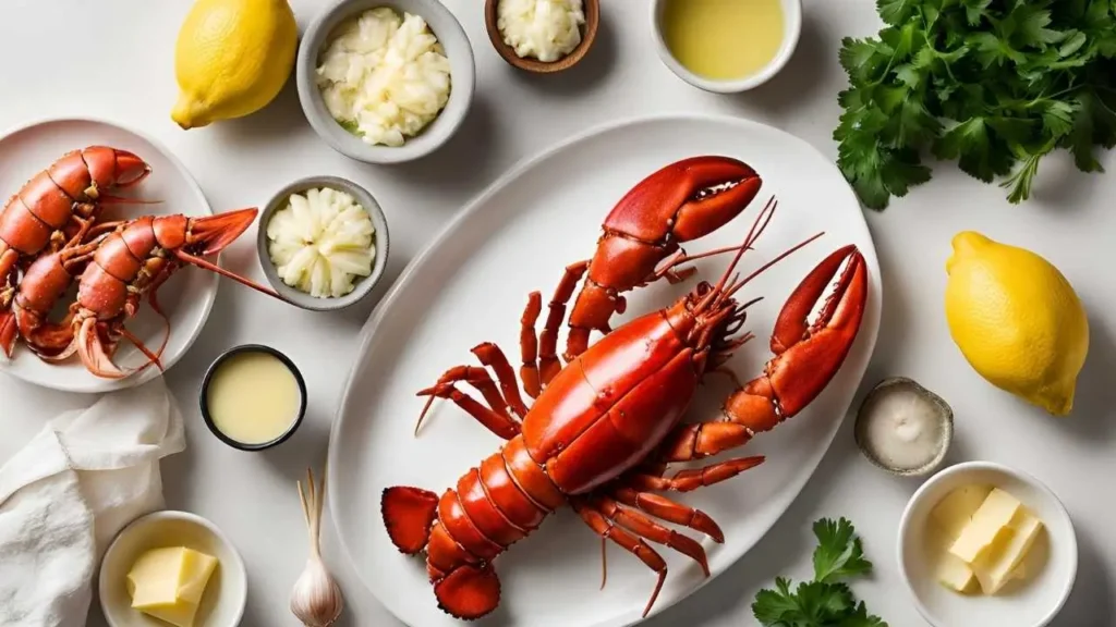 Assorted ingredients for Garlic Butter Lobster: fresh lobster tails, garlic cloves, unsalted butter, a lemon, parsley, and red pepper flakes on a wooden cutting board.