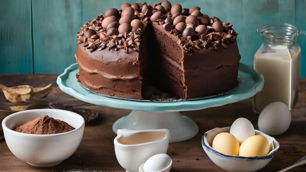 Ingredients for Matilda Cake arranged on a rustic wooden table, including flour, sugar, cocoa powder, eggs, butter, buttermilk, and optional add-ons like chocolate chips and vanilla extract. Baking tools like a whisk and measuring cups are visible, with a handwritten recipe card adding a personal touch.