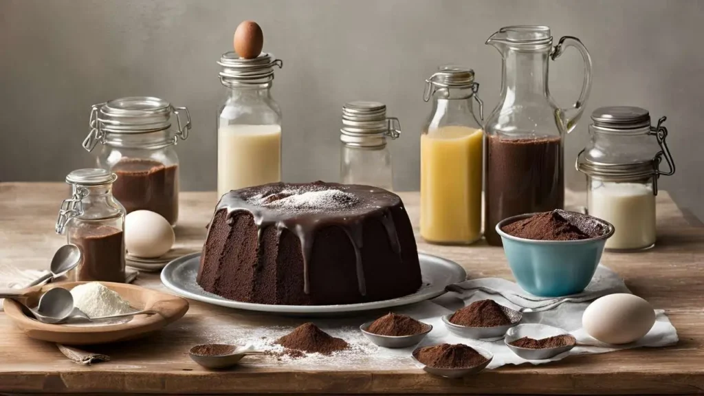 A collection of ingredients for the perfect Matilda Cake, including cocoa powder, eggs, butter, sugar, flour, and vanilla extract, arranged on a rustic kitchen counter with a vintage whisk and mixing bowl.