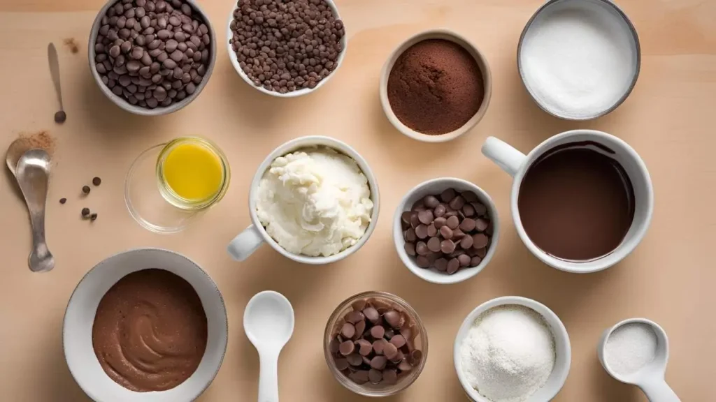 A neatly arranged collection of ingredients for a chocolate chip mug cake, including flour, sugar, chocolate chips, milk, butter, and vanilla extract, displayed on a kitchen counter with a neutral background.