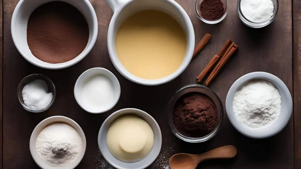 Ingredients for a quick chocolate mug cake displayed on a wooden table: a mug with dry ingredients (flour, sugar, cocoa powder), a small bowl of wet ingredients (milk, melted butter, vanilla extract), and chocolate chips. The setup is simple and inviting, with natural lighting.