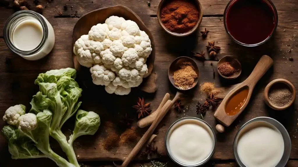 A top-down view of fresh cauliflower, BBQ sauce, flour, and seasonings neatly arranged for making BBQ cauliflower wings.