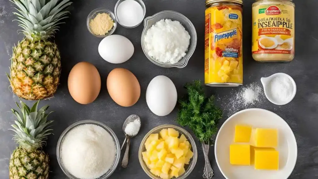 Key ingredients for making easy pineapple casserole: pineapple, sugar, butter, eggs, and breadcrumbs.