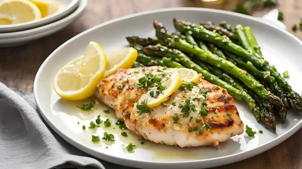 Golden-brown pan-seared chicken breasts topped with fresh lemon slices, minced garlic, and parsley, served on a white ceramic plate with a side of roasted asparagus and a drizzle of olive oil.