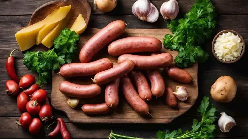 A flat-lay of ingredients for an easy kielbasa recipe, including smoked kielbasa, potatoes, garlic, paprika, and fresh parsley, arranged on a rustic wooden table.