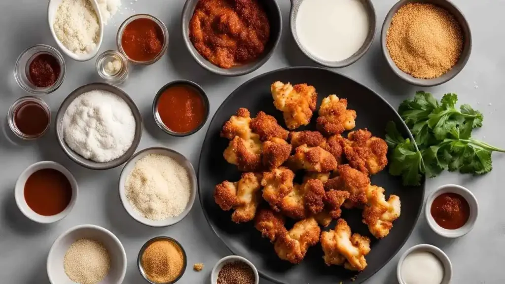 A collection of ingredients for BBQ cauliflower wings, including fresh cauliflower, BBQ sauce, Panko breadcrumbs, flour, plant-based milk, and spices, arranged neatly on a light background.