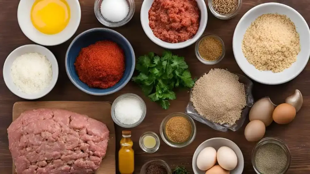 Meatloaf ingredients including ground beef, onion soup mix, eggs, and breadcrumbs on a kitchen counter.