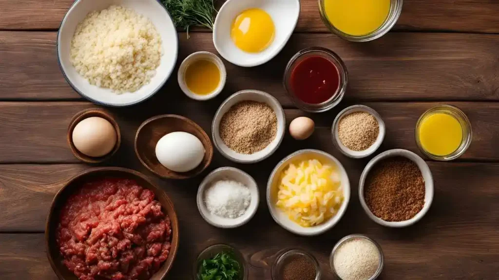 Essential ingredients for making the perfect Lipton Onion Soup Meatloaf, including ground beef, eggs, breadcrumbs, and seasoning mix.