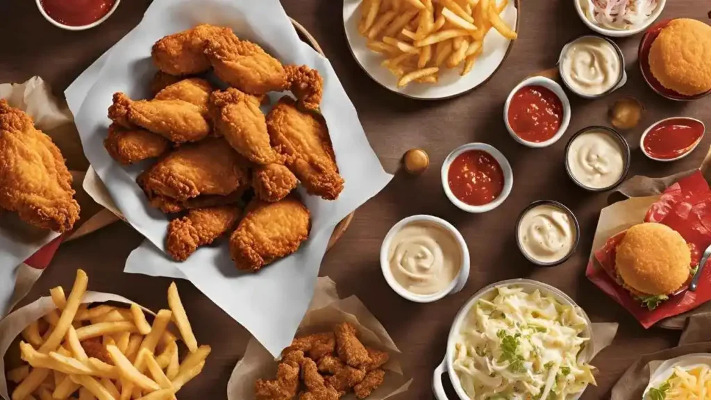 A delicious spread of Crown Fried Chicken’s menu highlights, including crispy fried chicken, a chicken sandwich, golden fries, coleslaw, and a buttery biscuit, arranged on a rustic wooden table.