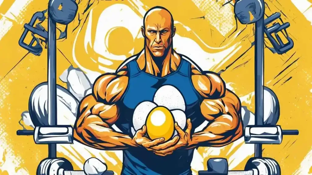 A muscular arm holds a cracked egg against a gym backdrop. Bold text reads 'Egg Protein for Muscle Growth & Recovery,' with icons for strength, energy, and repair.