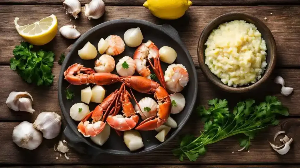 Fresh ingredients for a garlic butter seafood recipe, including lobster tails, scallops, minced garlic, a lemon, fresh parsley, and butter, arranged on a rustic wooden table.