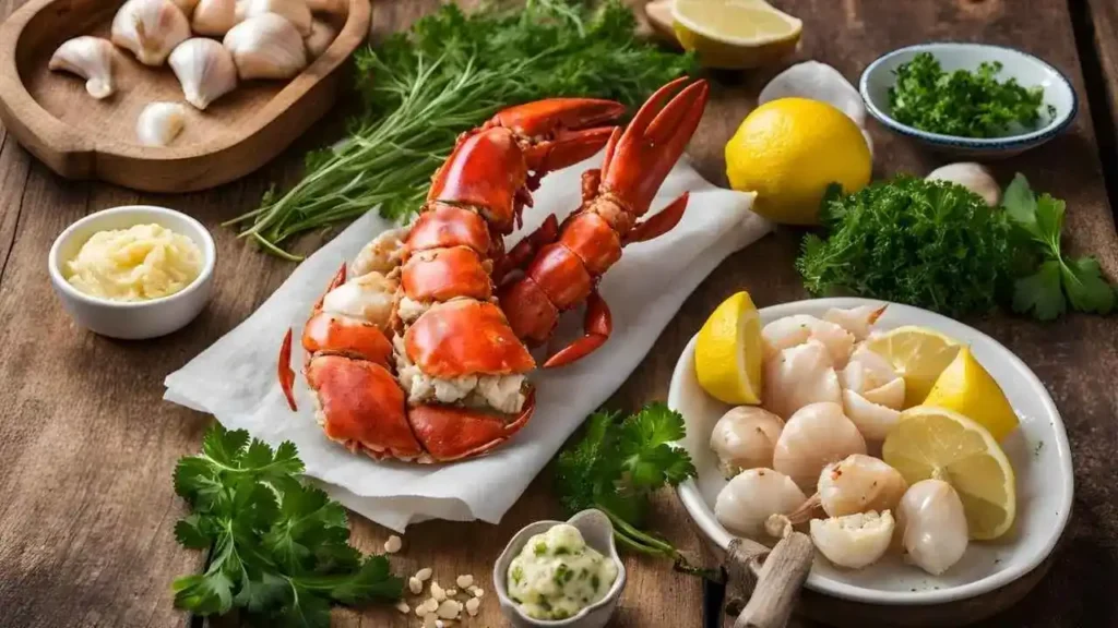 A collection of fresh ingredients for Garlic Butter Seafood, including lobster tails, sea scallops, garlic, butter, fresh herbs, and lemon, arranged on a wooden table.