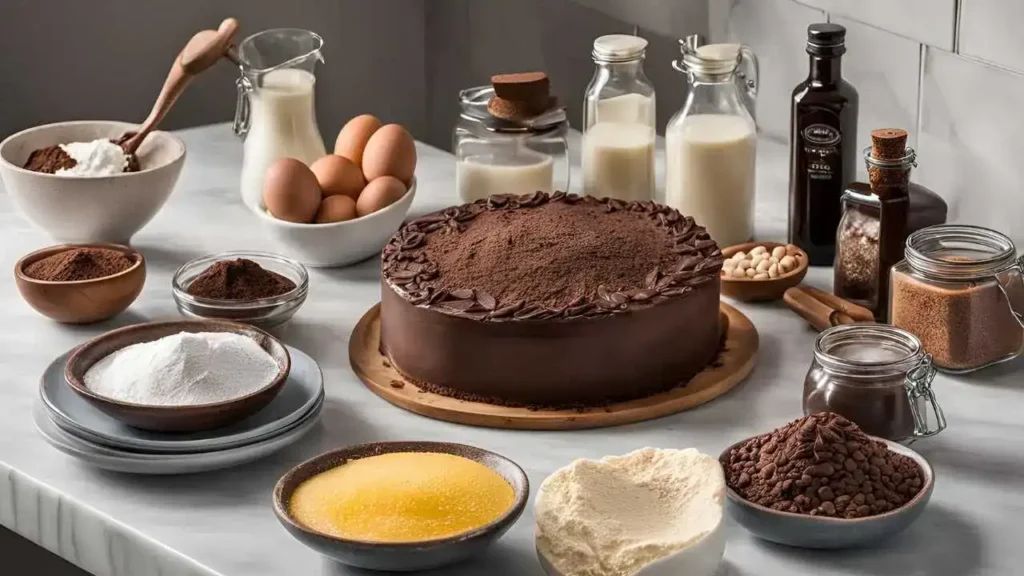 A neatly arranged collection of ingredients for a Matilda Cake, including flour, sugar, cocoa powder, eggs, milk, butter, and vanilla extract, displayed on a marble countertop.